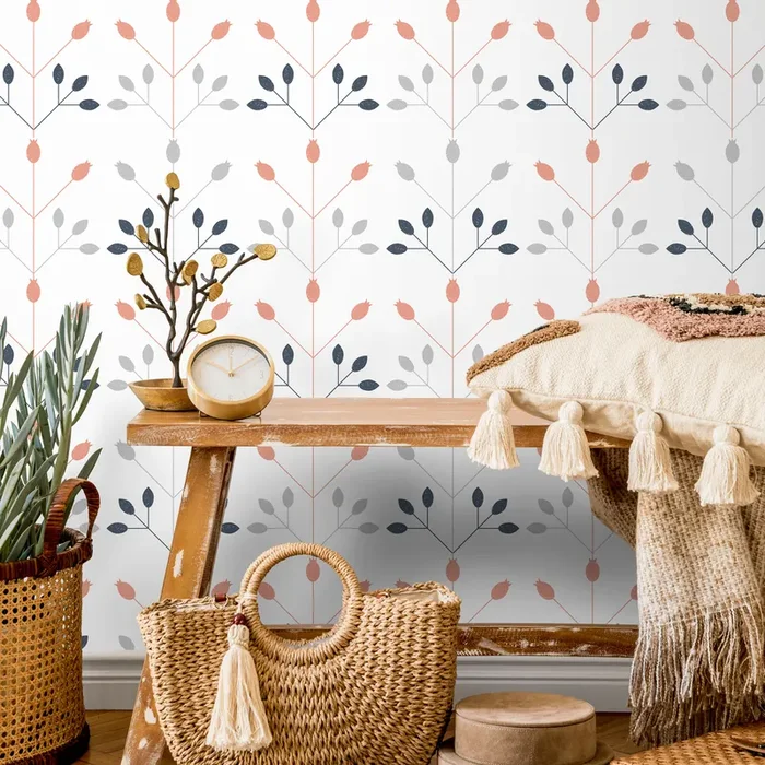 Scandinavian Wallpaper With A Geometric Floral Motif In Coral, Blue, And Gray – A873