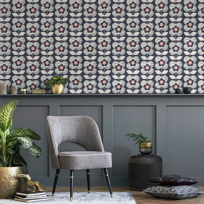 Scandinavian Wallpaper With A Retro Floral Motif In Navy, Beige, And Pink – A704
