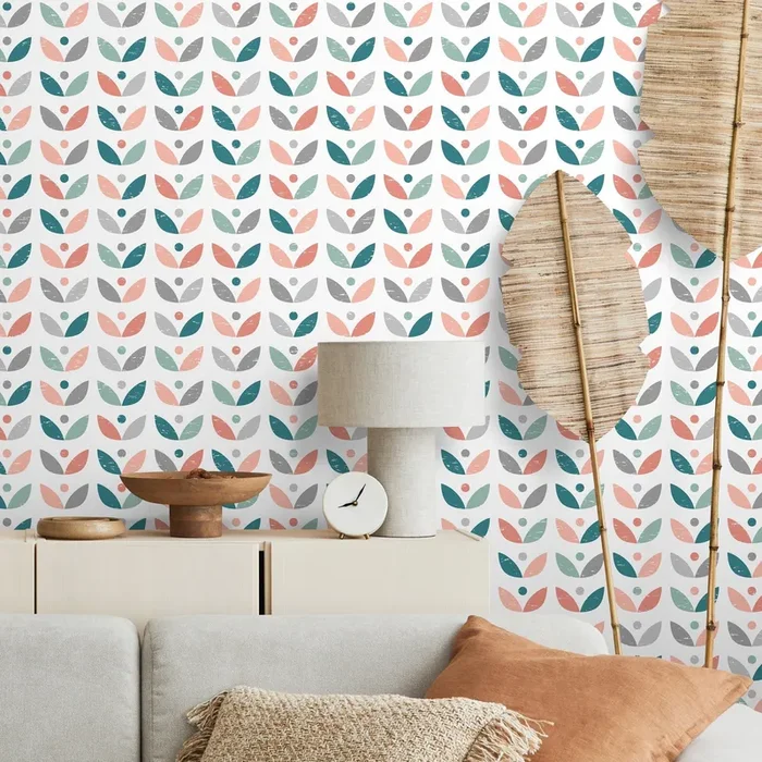 Scandinavian Wallpaper With A Retro Floral Motif In Teal, Coral, And Grey – A724