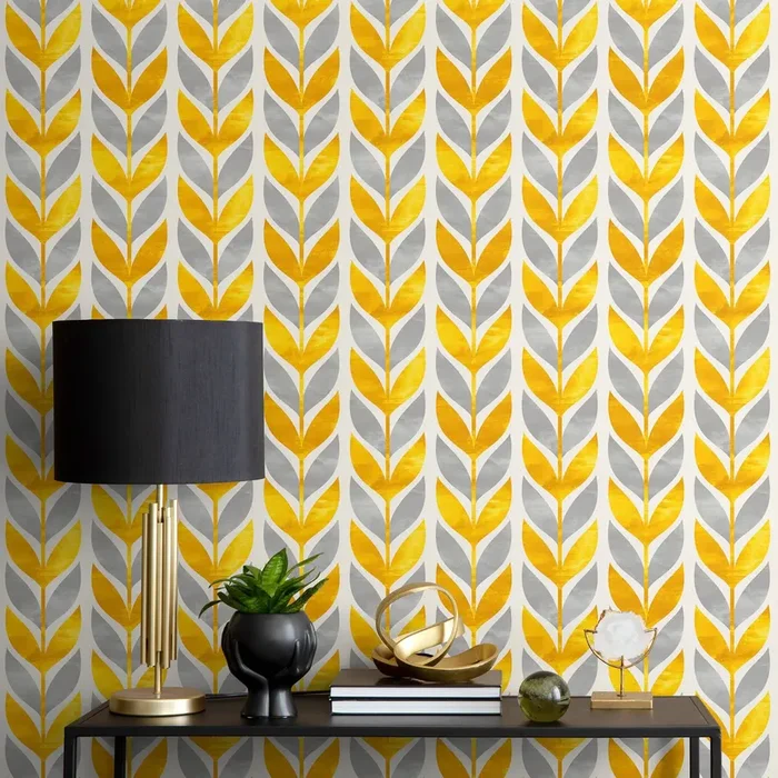 Scandinavian Wallpaper With A Stylized Leaf Motif In Yellow And Grey – A179