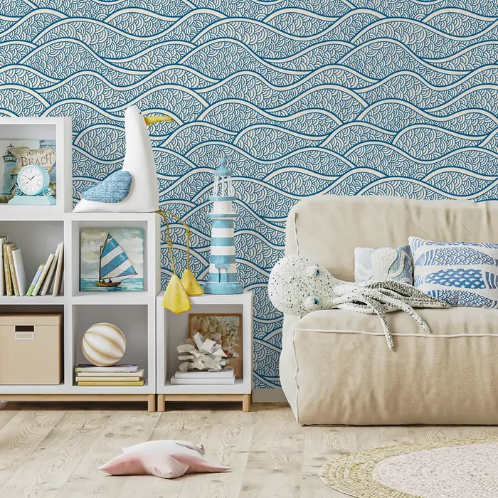 Scandinavian Wallpaper With A Stylized Ocean Wave Motif In Blue And White – E001