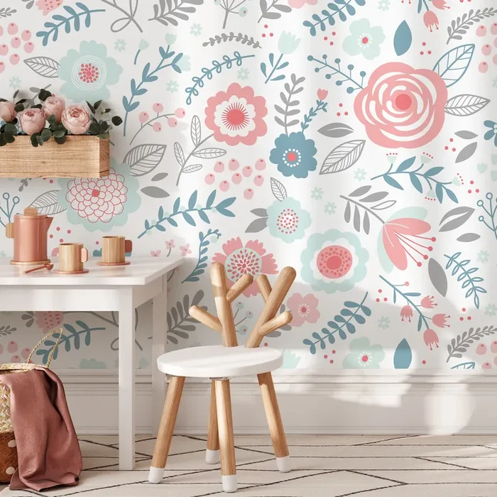 Scandinavian Wallpaper With Stylized Flowers In Pink, Blue, And Grey – D982