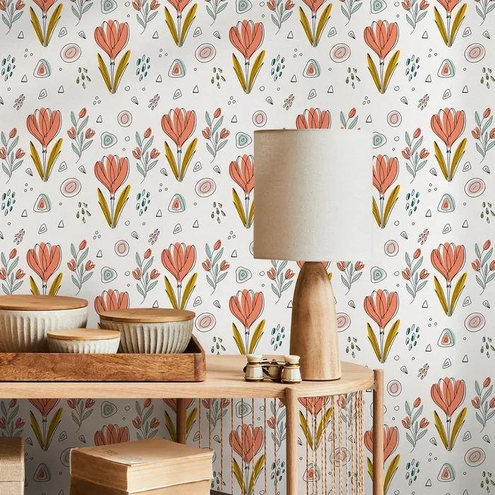 Scandinavian Wallpaper With Stylized Tulips In Coral, Teal, And Mustard Yellow – C033
