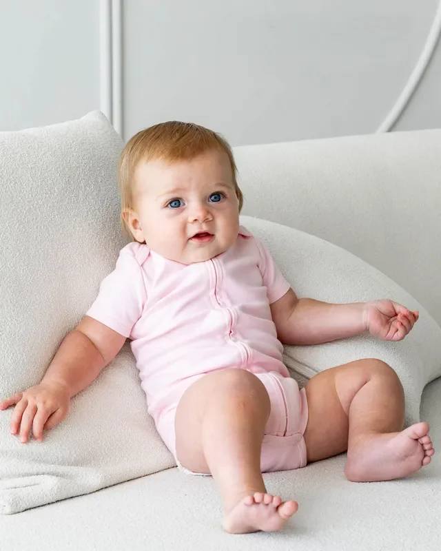 Short Sleeve Zipper Bodysuit In Blush, 3-6m