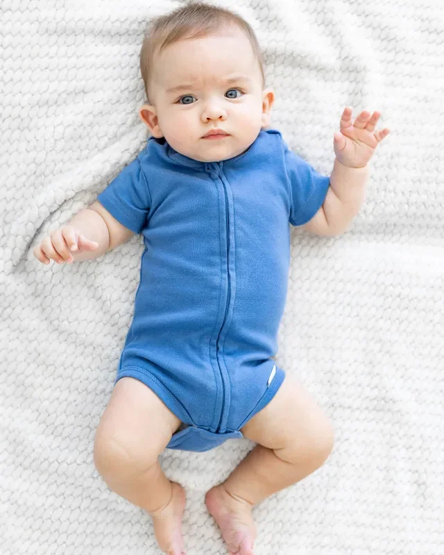 Short Sleeve Zipper Bodysuit In Denim, 9-12m
