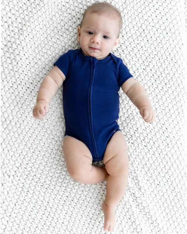 Short Sleeve Zipper Bodysuit In Navy, 3-6m