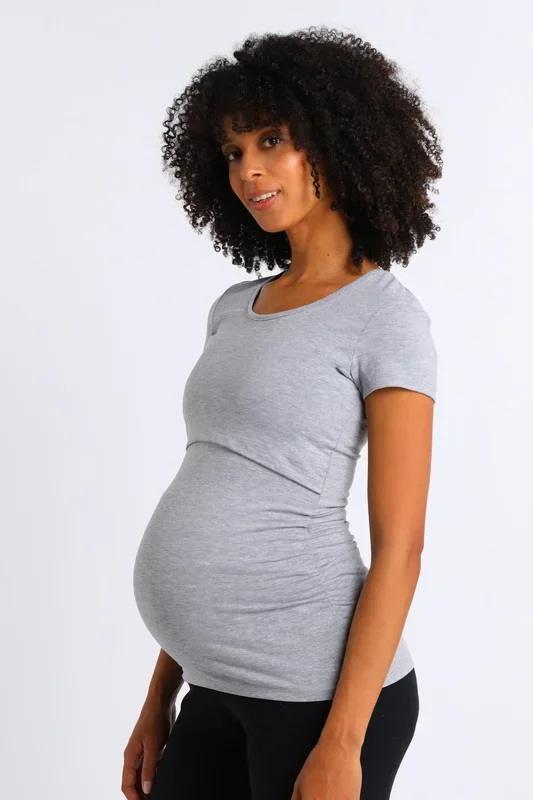 Short-sleeved cotton maternity and nursing shirt, grey