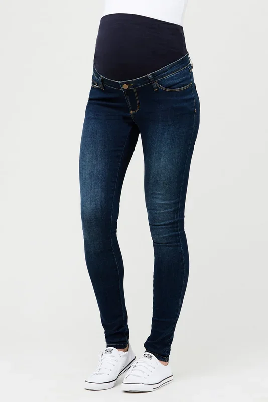 Skinny maternity jeggings with over-the-belly waistband, dark indigo