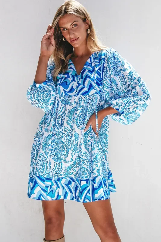 Sky Blue Bohemian Print Puff Sleeve V Neck Flared Mini Dress