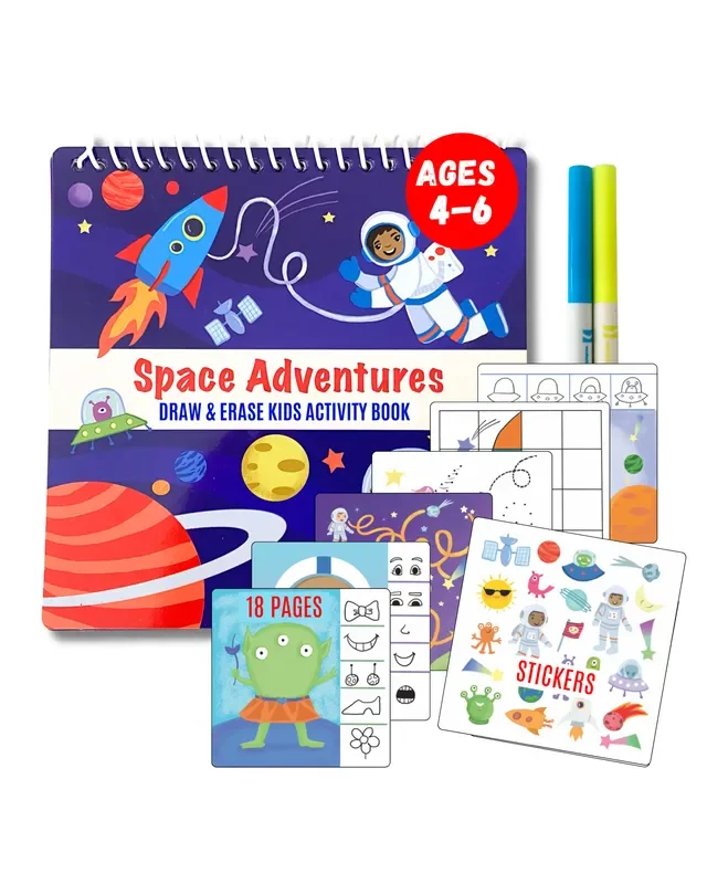 Small 7 ” Dry Erase Activity Book (incl. 2 Washable Markers & Reusable Stickers)