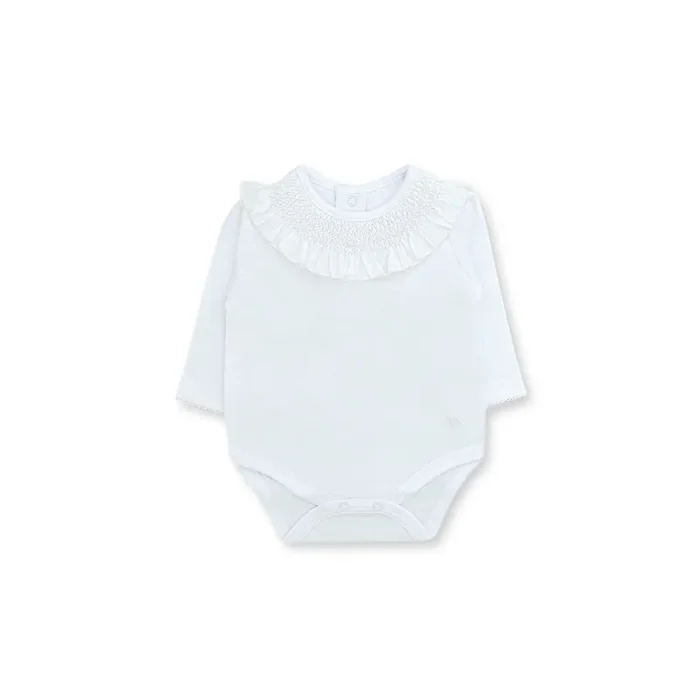 Smocked Long Sleeve Bodysuit, White