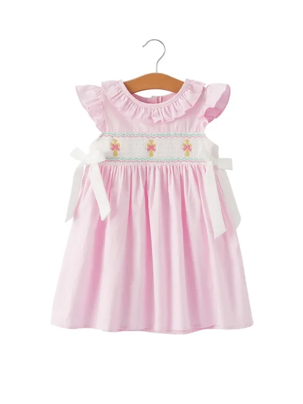 Smocking Easter Embroidered Ruffles Girls Pink Dress