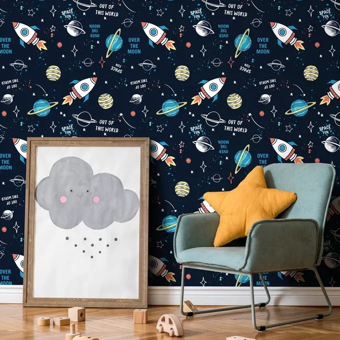 Space Wallpaper With Cartoon Rockets And Planets In Navy Blue, Red, And Yellow – B538