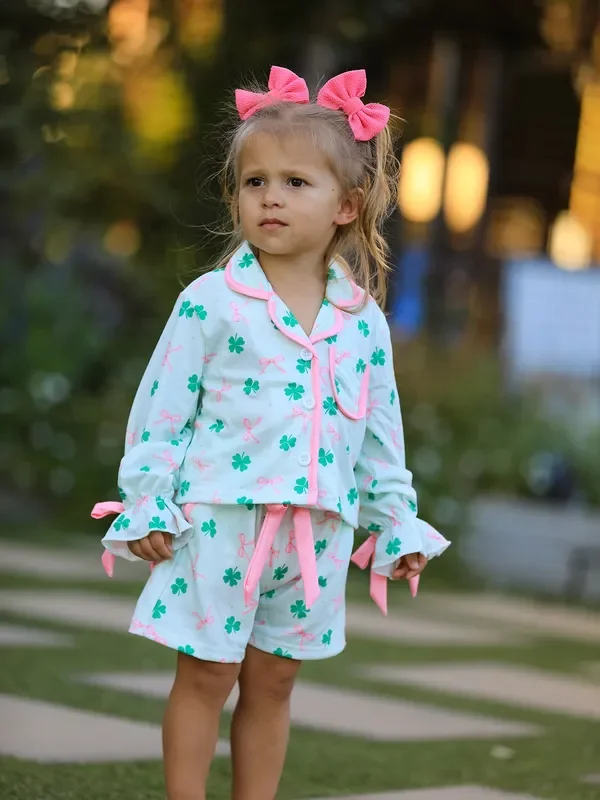 St. Patrick’s Day Bow Shamrock Print Ruffles Girls Pajama Set