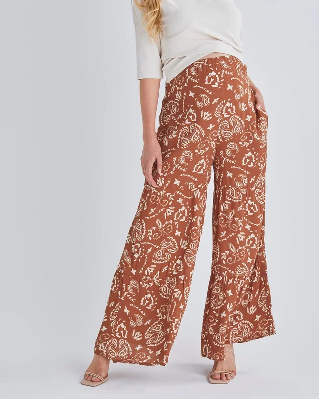 Stacie Wide Leg Maternity Ruffled Pants in Parsley Print