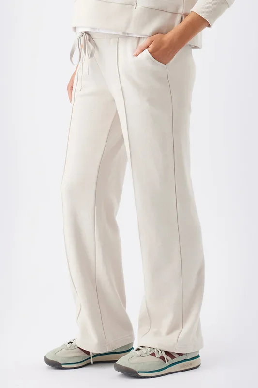 Straight Leg Pull On Maternity Trousers with Decorative Stitching, Light Beige