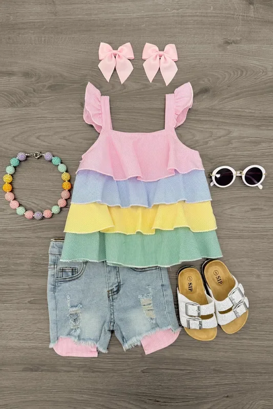 Striped Pastel Ruffle Denim Short Set