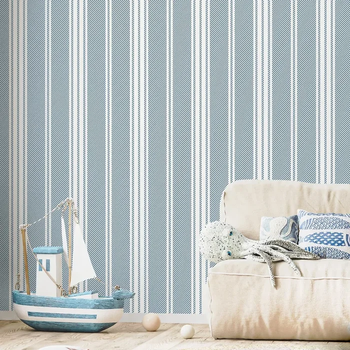 Striped Wallpaper Featuring Classic Ticking Stripes In Blue And White – D781