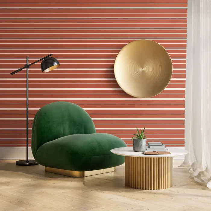 Striped Wallpaper Featuring Modern Pinstripes In Terracotta And White – D761