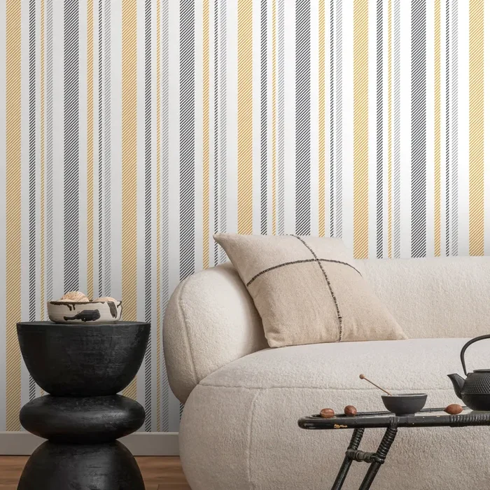 Striped Wallpaper Featuring Textured Stripes In Yellow And Grey – D843