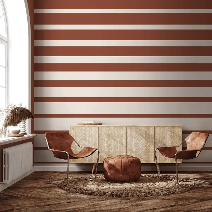 Striped Wallpaper With A Bold Horizontal Motif In Terracotta And Cream – D728