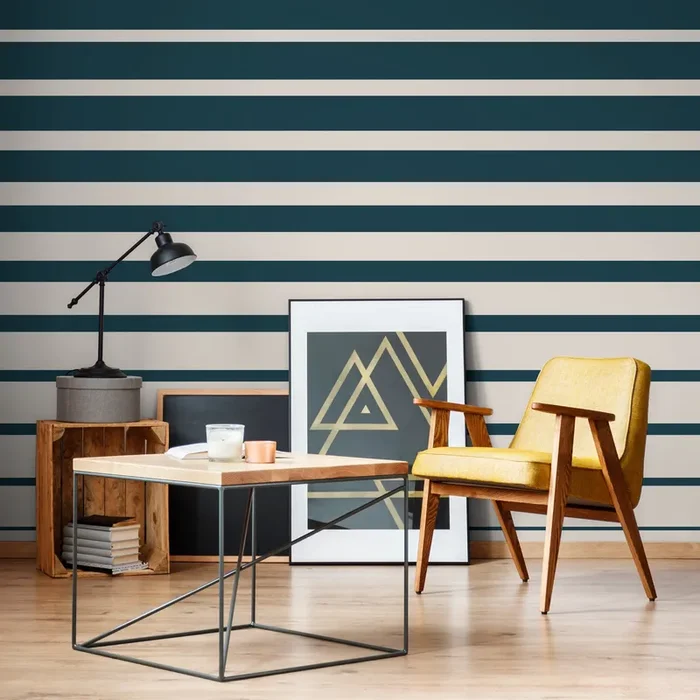 Striped Wallpaper With A Bold Horizontal Pattern In Dark Teal And Cream – D729