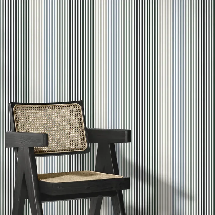 Striped Wallpaper With A Modern Geometric Motif In Green, Blue, And Grey – D756