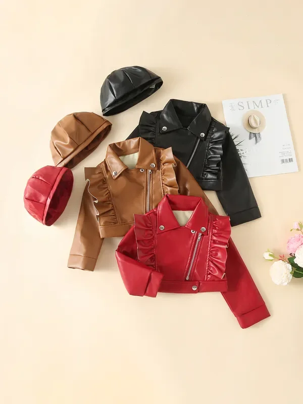 Stylin’ Ruffle Trim PU Crop Jacket and Hat Set