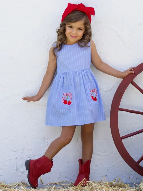 Sweet Cherry Embroidered Pinstripe Tank Dress