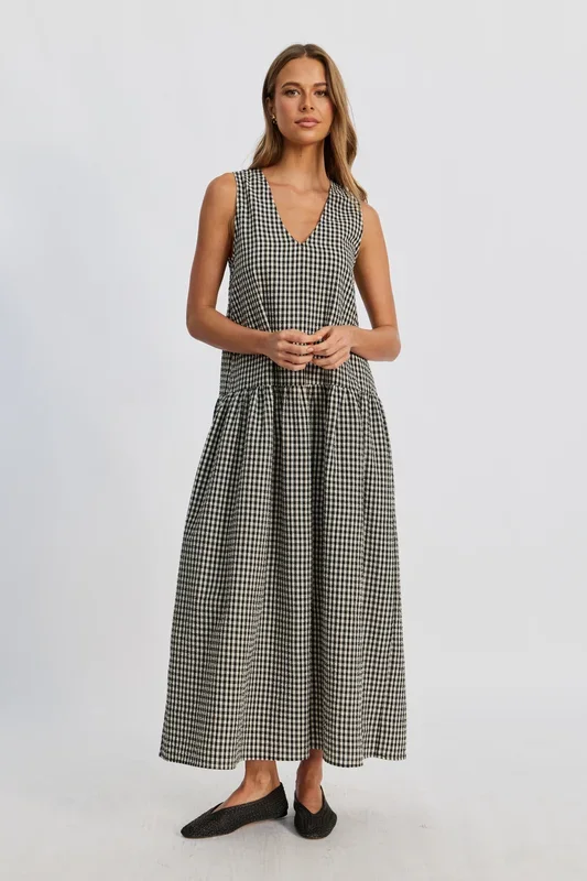 Tallulah Gingham Maxi Dress – Black / White