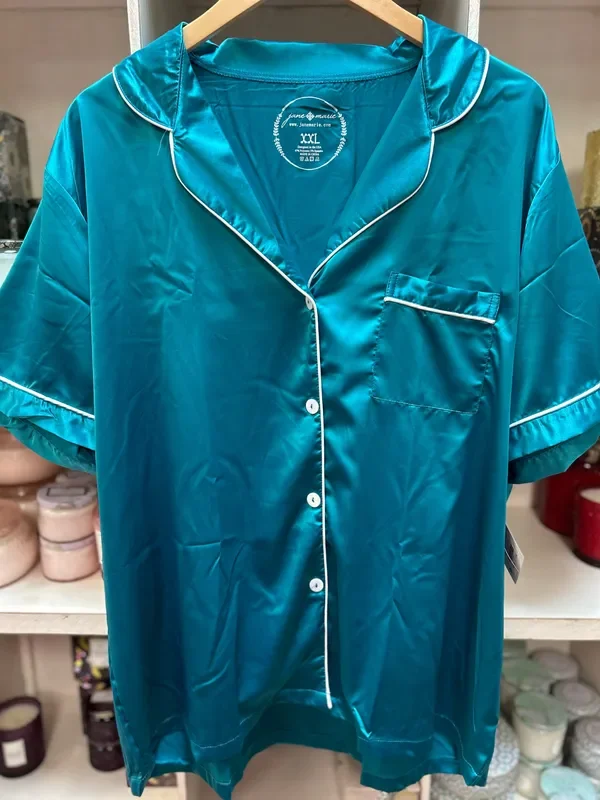 Teal Satin Button Up Pajama Top