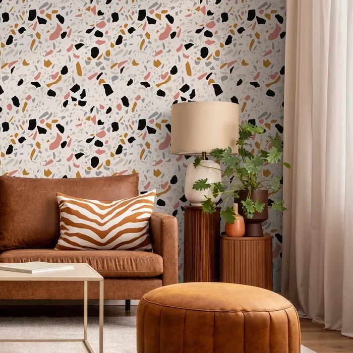 Terrazzo Wallpaper With A Modern Mosaic In Black, Pink, And Ochre – B904