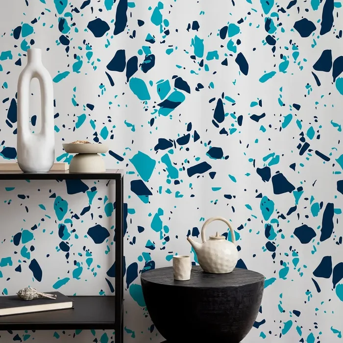 Terrazzo Wallpaper With Abstract Stone Chips In Navy And Turquoise – B831
