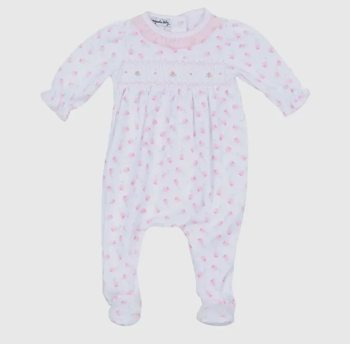 Tessa’s classics pink smocked printed footie