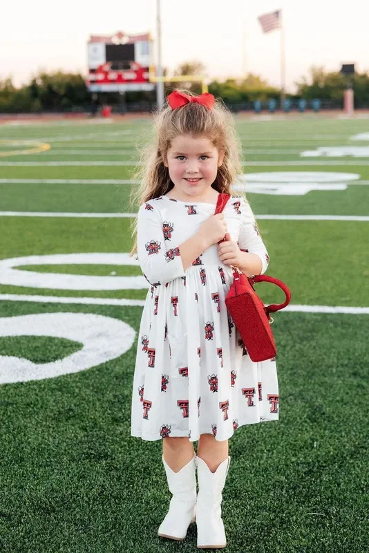 Texas Tech White Raider Red 3/4 Sleeve Pocket Twirl Dress