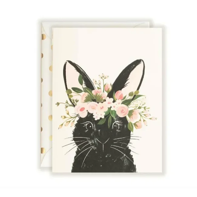 The First Snow Black Bunny Floral Wreath Card