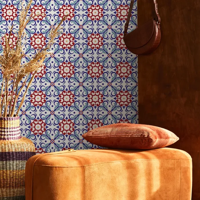 Tile Wallpaper With A Mediterranean Inspired Motif In Red, Blue, And Yellow – B827