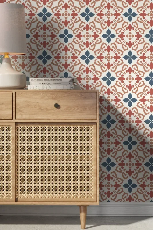Tile Wallpaper With A Mediterranean Motif In Terracotta, Blue, And Tan – D181