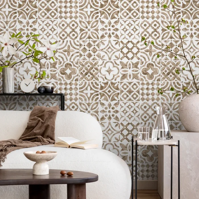 Tile Wallpaper With A Patchwork Motif In Beige – D525