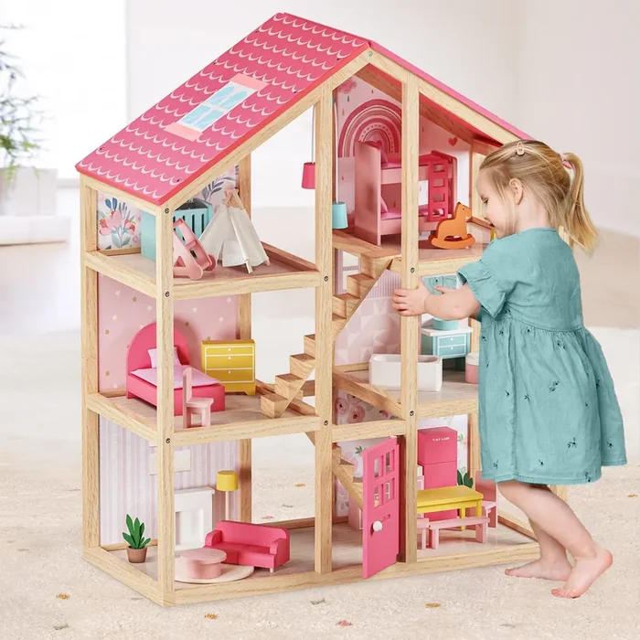 Tiny Land® Sustainable Wooden Love Dollhouse with 30 Furniture Pieces