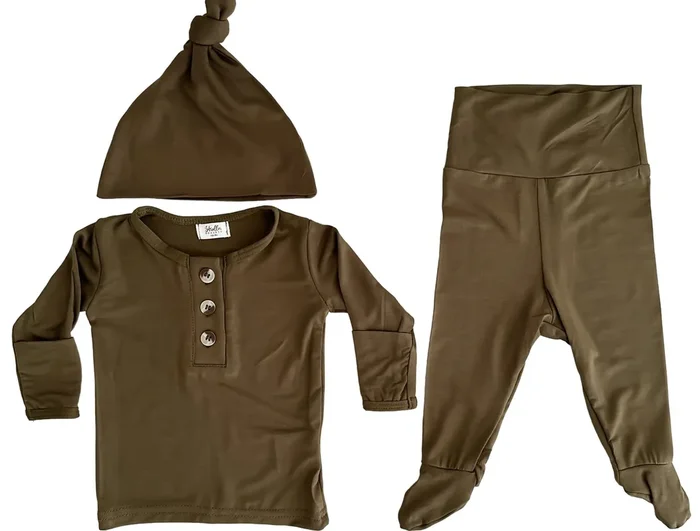 Top And Bottom Outfit And Hat Set – (newborn-3 Months) Army Green