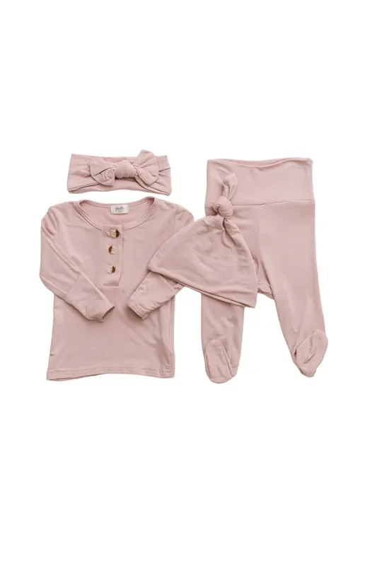 Top And Bottom Outfit, Hat And Headband Set (newborn – 12 Months) – Dusty Rose