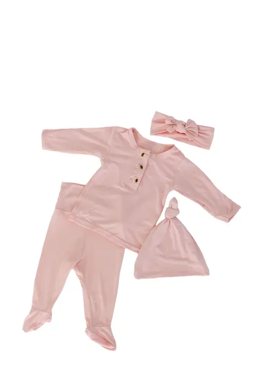 Top And Bottom Outfit, Hat And Headband Set (newborn – 12 Months) – Pink