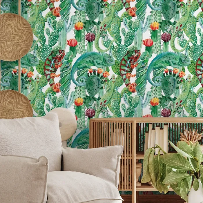 Tropical Wallpaper Featuring Chameleons And Cacti In Green, Orange, And Red – A315
