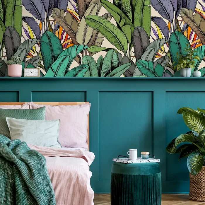 Tropical Wallpaper Featuring Illustrated Banana Leaves In Green, Purple, And Orange – A765