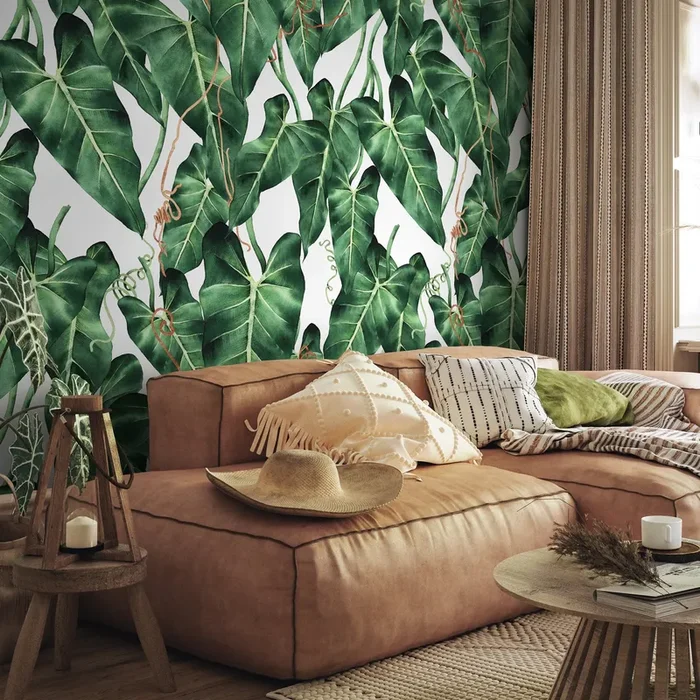 Tropical Wallpaper Featuring Lush Watercolor Leaves In Green And Brown – A842
