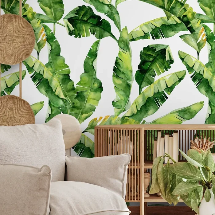 Tropical Wallpaper With A Banana Leaf Motif In Green And Yellow – A466