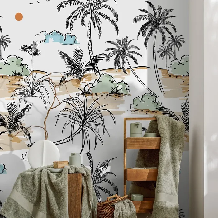 Tropical Wallpaper With A Hand-drawn Palm Tree Scene In Black, Beige, And Green – A570