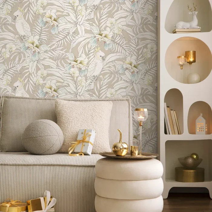 Tropical Wallpaper With Cockatoos And Orchids In Beige, Blue, And Yellow – C331