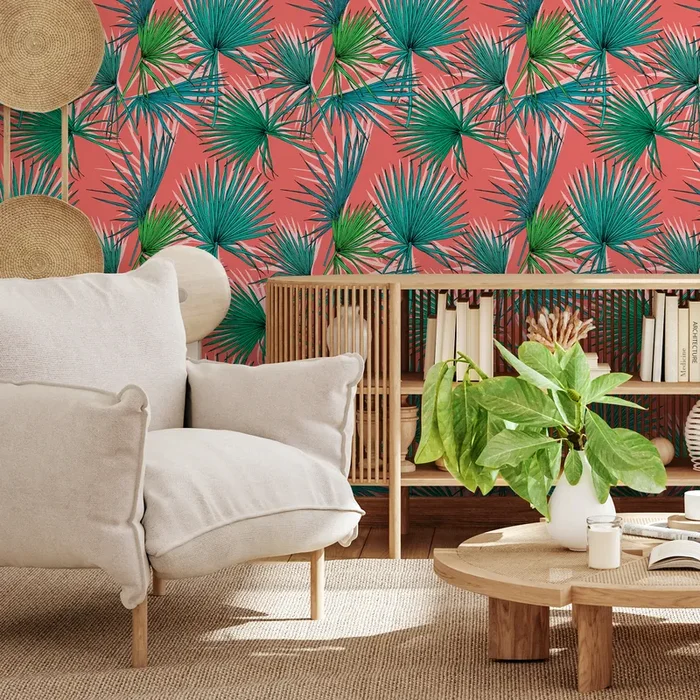 Tropical Wallpaper With Fan Palm Leaves In Coral, Green, And Teal – B548